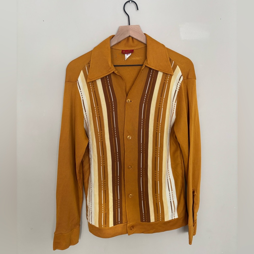 70’s Vintage Panel Knit Mustard Vertical Stripe Button-Up Shirt Brown Cream